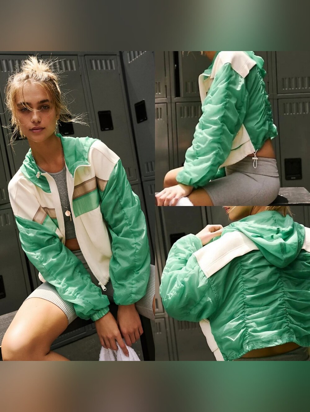 FP Movement Free People Sheer Bliss Ruched Cropped Windbreaker Jacket Green